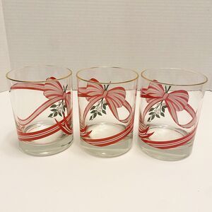 Christmas Ribbon Holiday Mistletoe Glasses Low Ball Rocks Tumbler Set Of 3 New